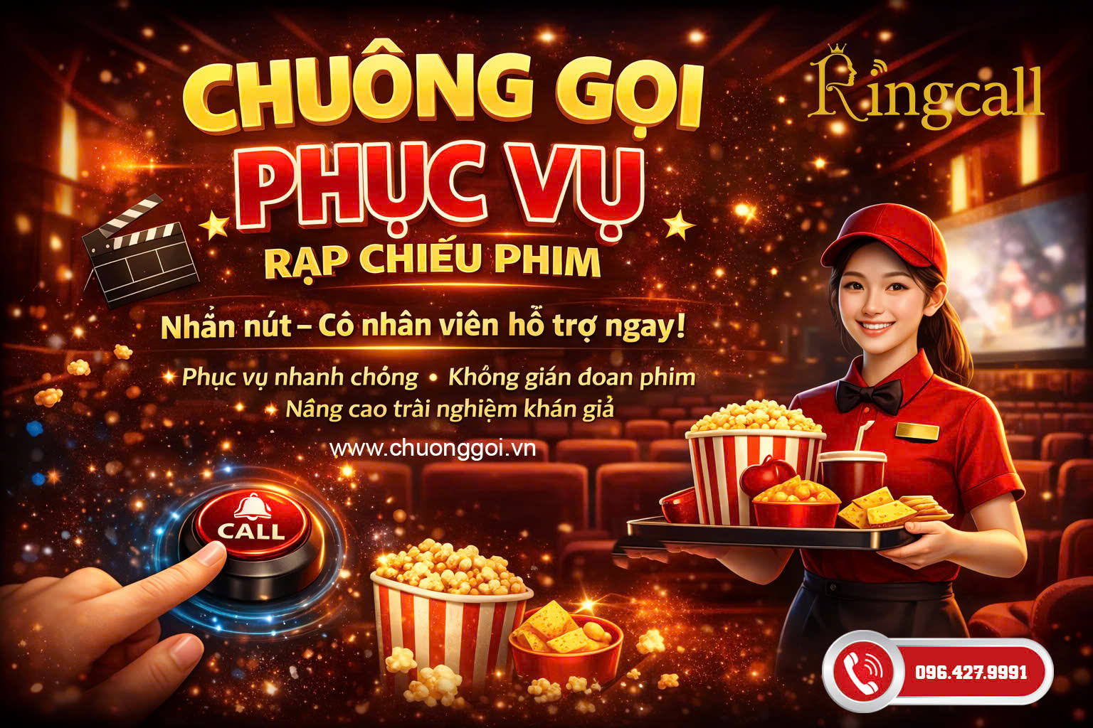 chuông gọi phục vụ ứng dụng rạp chiếu phim